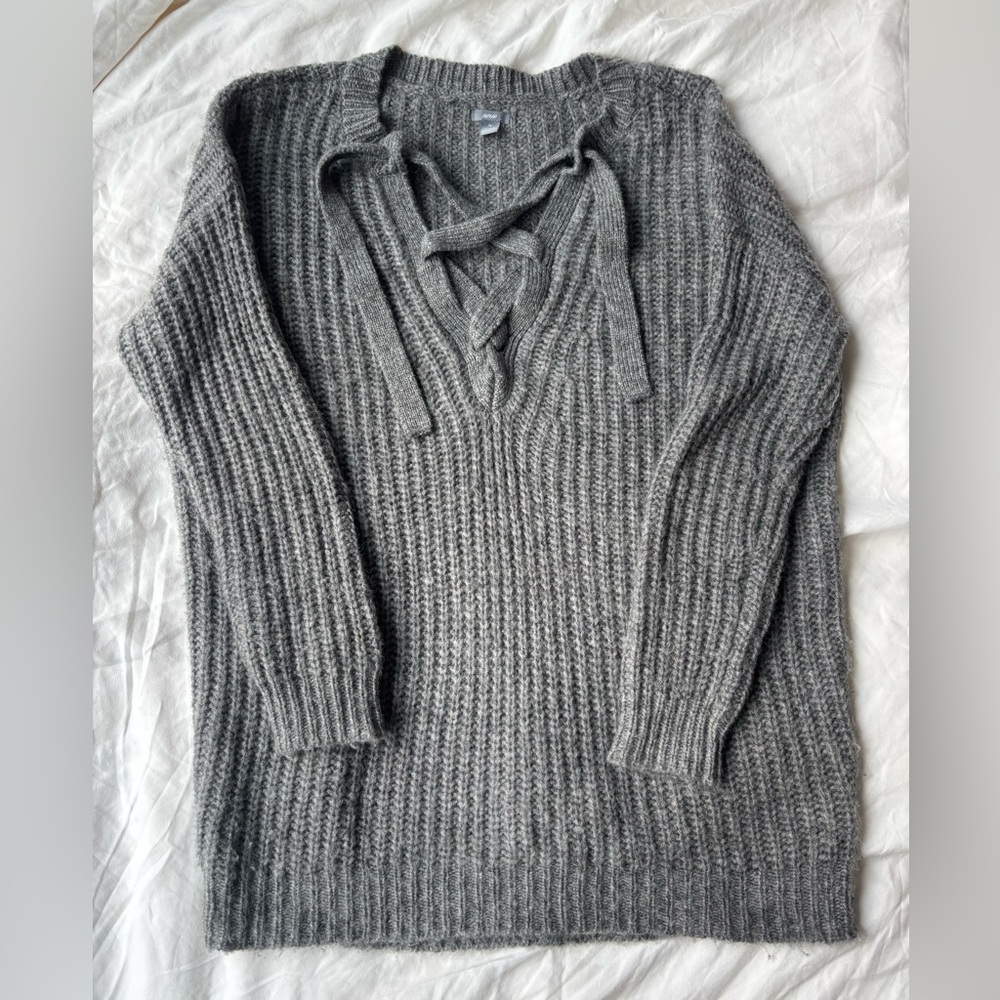 Aerie Women Gray Wool Alpaca Blend Knit Cozy Oversized Lace Up Tunic Sweater